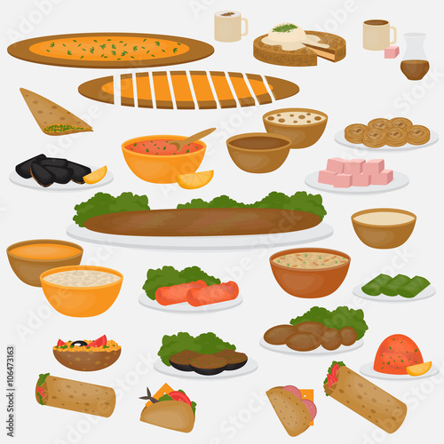 Middle East Food. Traditional cusine and beverages on white background