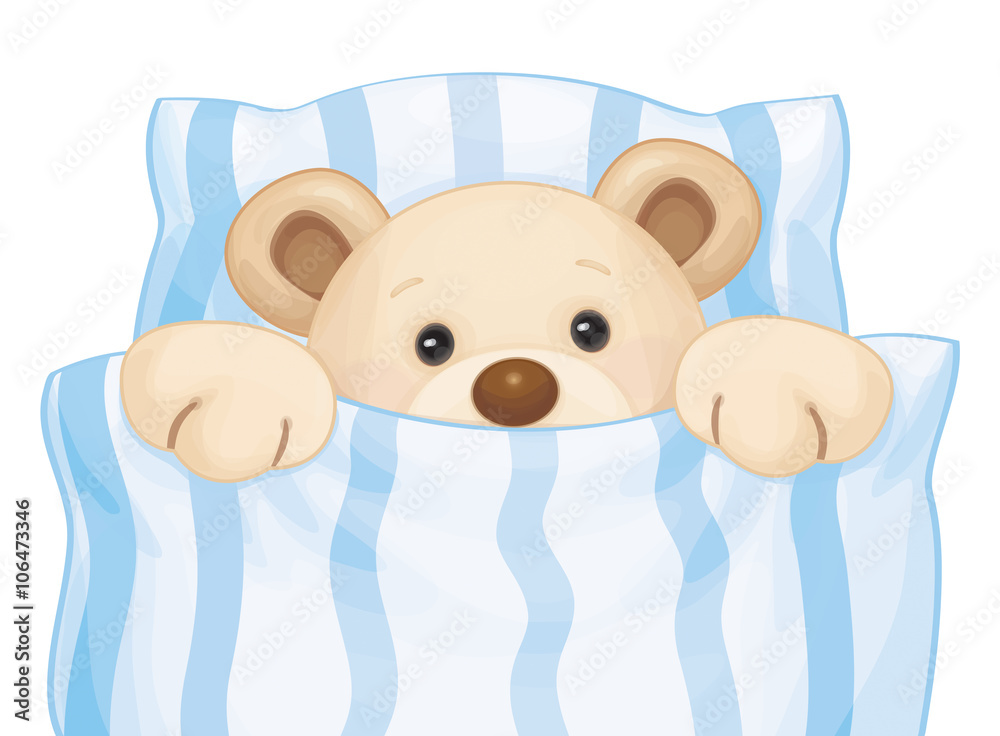 Obraz premium Vector cute sleeping baby bear in bed.