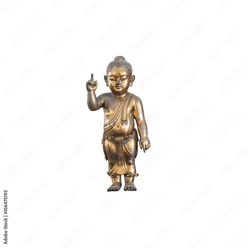 Closeup old brass baby buddha statue isolated on white background