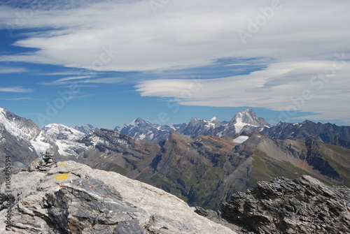 Panoramic view of mountain range in Swiss alps
