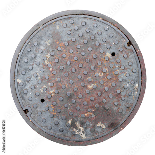 Rusty, grunge manhole cover, ROUNDED edge, rim isolated