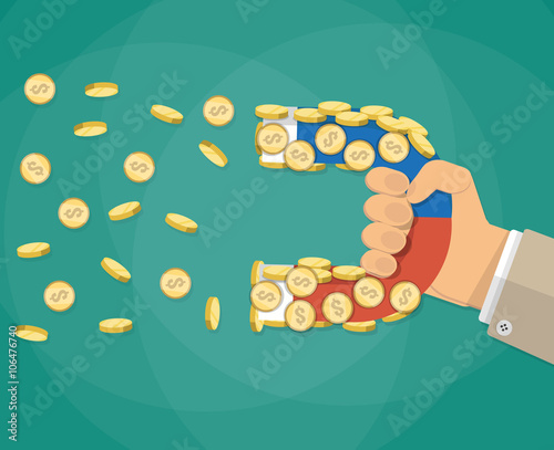 businessman hand with magnet and Gold coin
