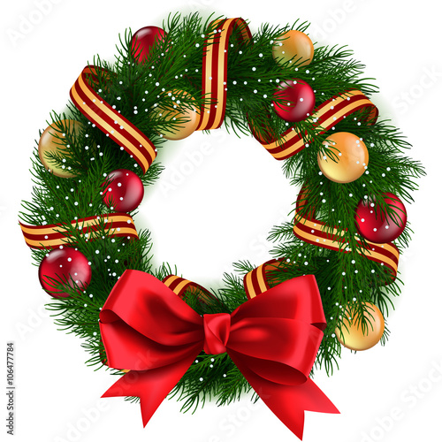 Christmas Wreath with ribbons, balls and bow isolated