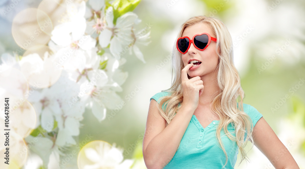 happy young blonde woman or teenager in sunglasses happy young blonde woman or teenager in sunglasses