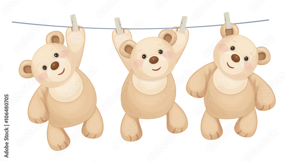 Fototapeta premium Vector hanging teddy bears on clothing line with pegs.