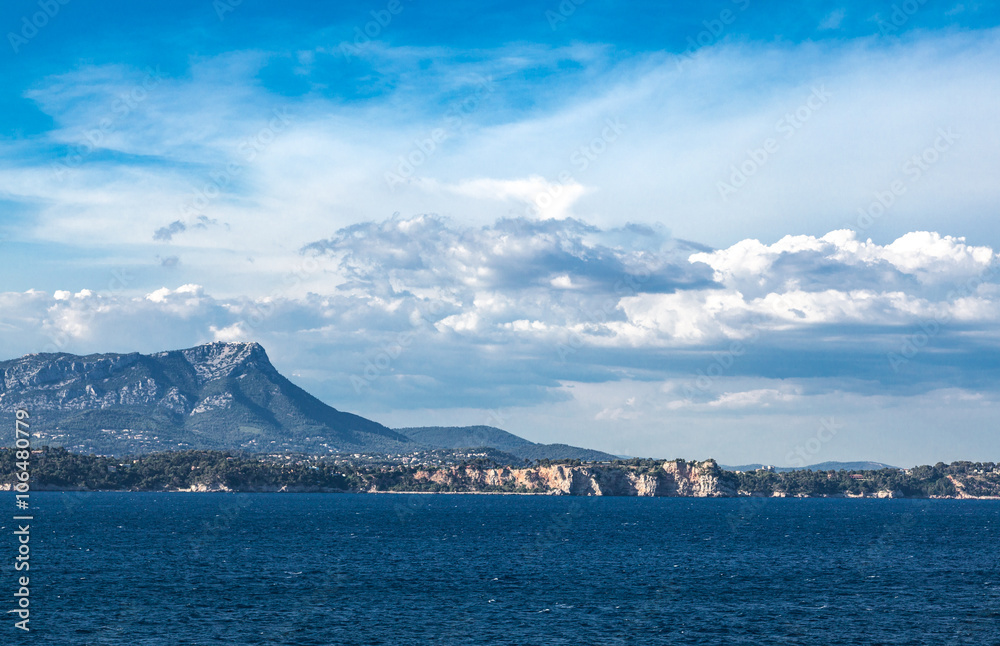 France, the Toulon coast seen from the open sea. France, the Toulon coast seen from the open sea.