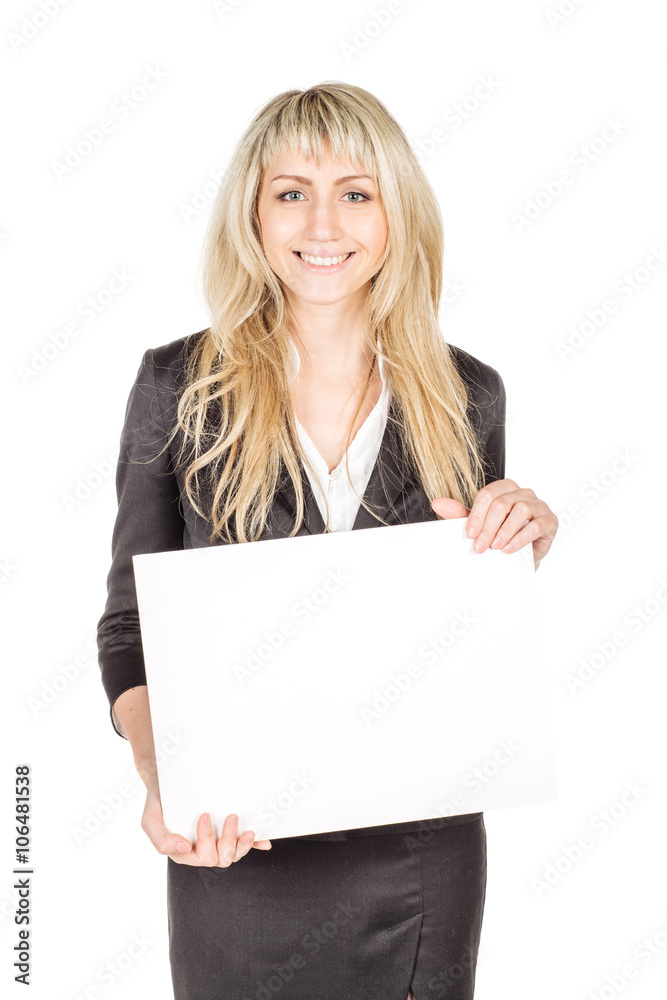 Portrait of young business woman holding a blank banner. Portrait of young business woman holding a blank banner.