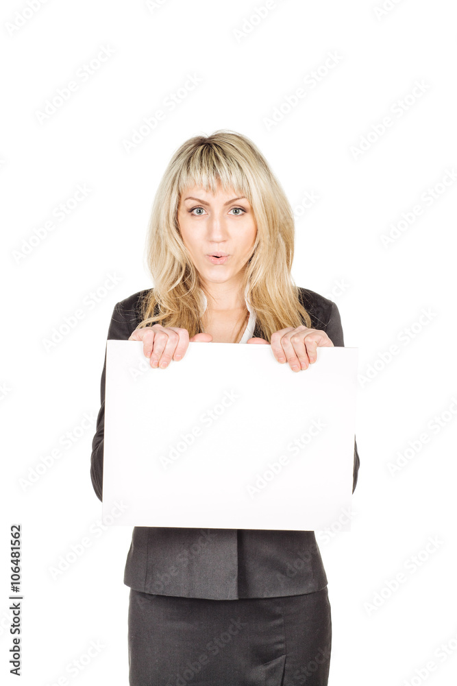 Portrait of young business woman holding a blank banner Portrait of young business woman holding a blank banner
