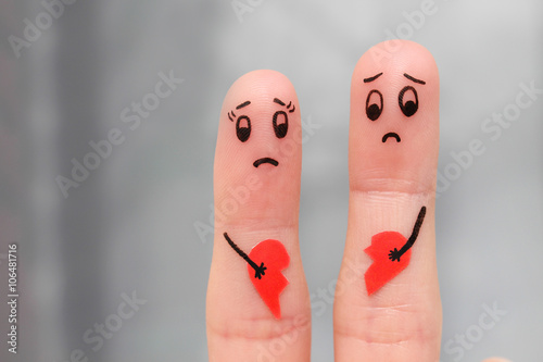 Finger art of couple. Couple holding broken heart. 