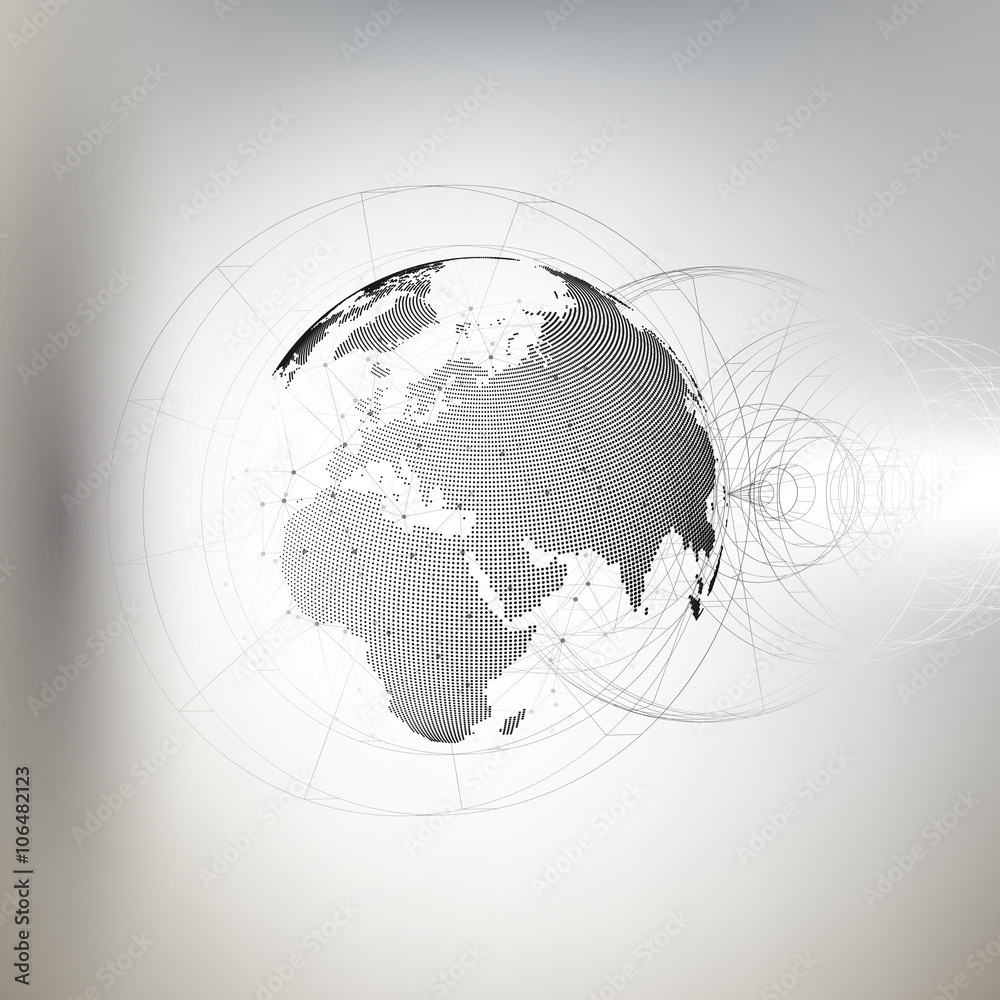 Three-dimensional dotted world globe with abstract construction and molecules on gray background, low poly design vector illustration