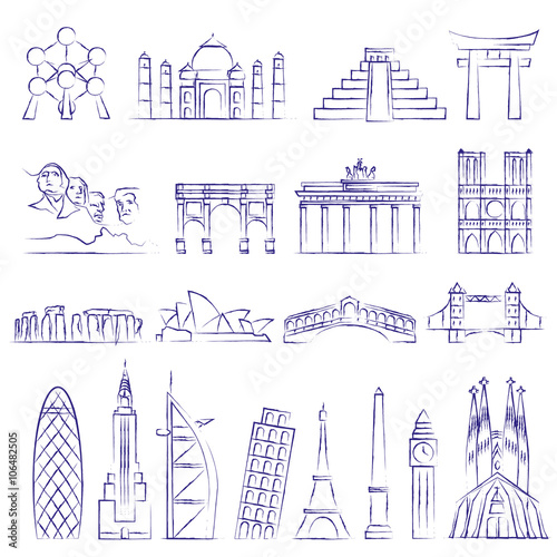 World landmarks outline icons, abstract vector set
