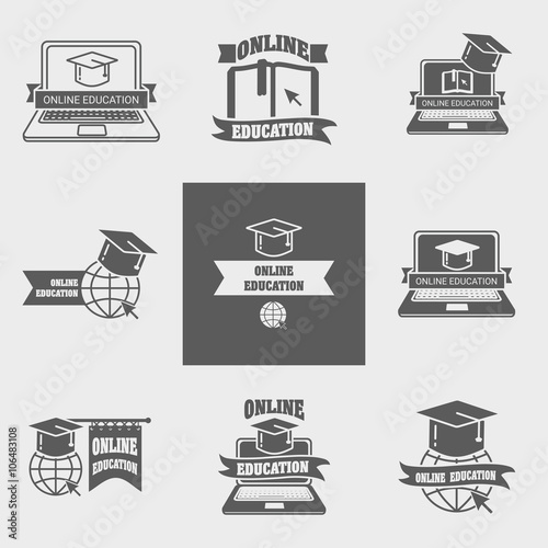 Set of online education logos, labels, signs or badges templates with laptop, book, globe and mortar board.