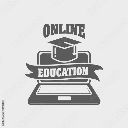 Online education logo, label, sign or badge templatewith laptop and mortar board.