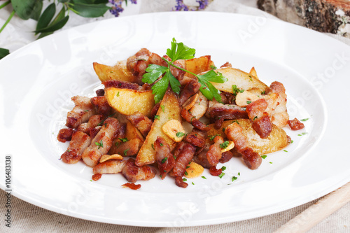potato wedges with bacon on a plate