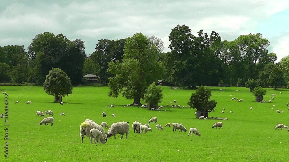 Flock of sheep rest in farmer's field