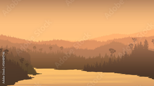 Horizontal illustration of river between forest hills.