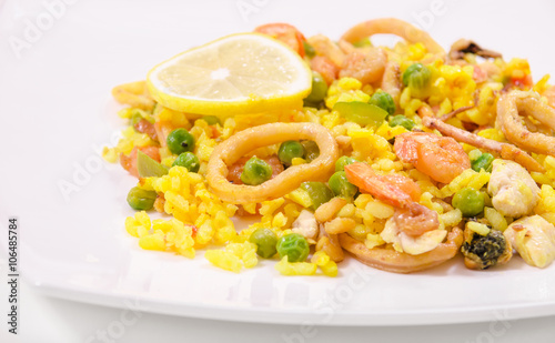 Paella with chicken and seafood on a white plate, close-up, side view
