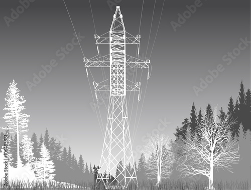 large electric pylon in forest on grey