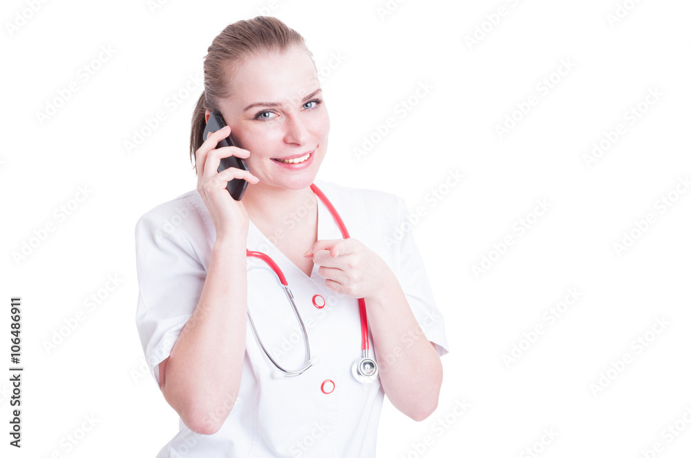Friendly woman doctor as hospital contact us concept Friendly woman doctor as hospital contact us concept