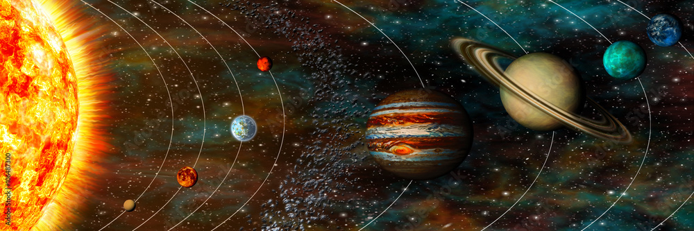 Fototapeta Panorama Układu Słonecznego, planety na ich orbitach