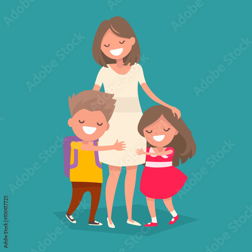 Children hugging her mother. Vector illustration