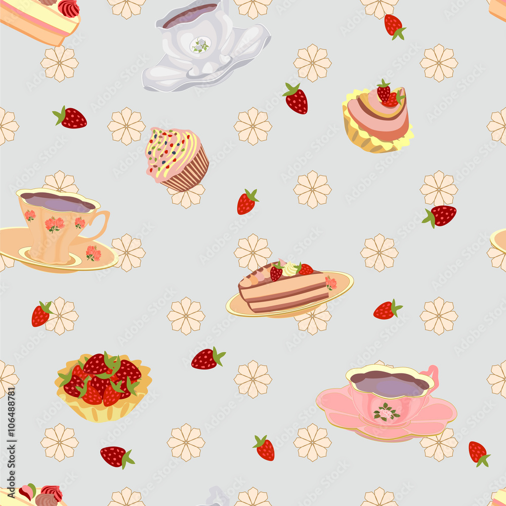 Vector repeating pattern from the kettle, cups, cake, cupcakes and flowers.