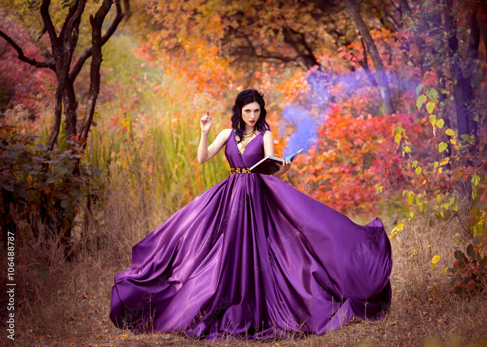 Lady in a luxury lush purple dress swirls in the smoke,fantastic shot,fairytale princess is walking in the autumn forest,fashionable toning,creative computer colors