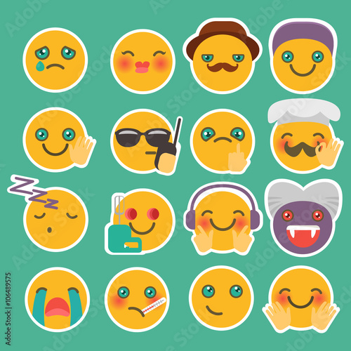 Set smiles with different emotions on a green background