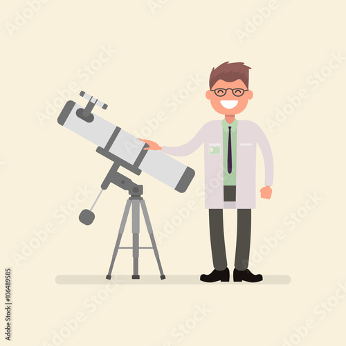 Smiling astronomer near the telescope. Vector illustration