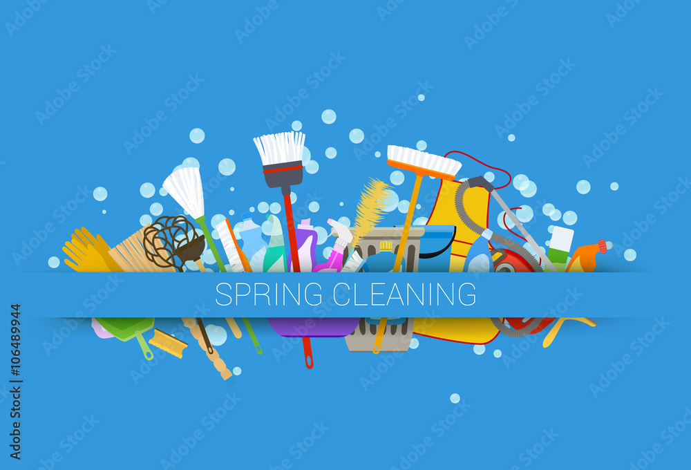 spring cleaning supplies blue background. tools of housecleaning