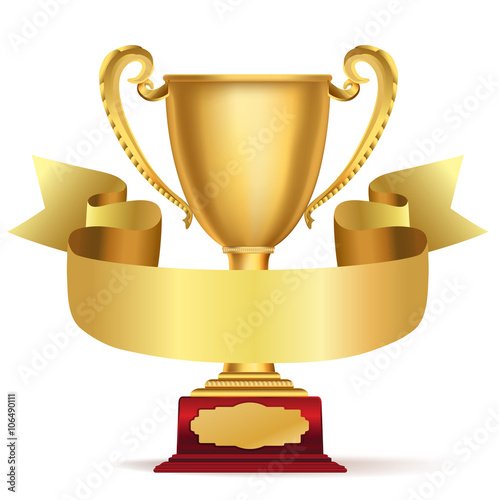 golden trophy cup and ribbon with space for text on white