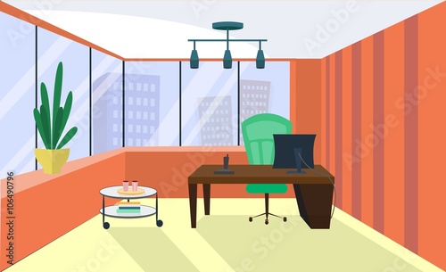 Office interior. Office room, boardroom. Vector office interior in flat style. Armchair and table, computer and coffee table, view from the window on megapolis, skyscrapers. Business concept