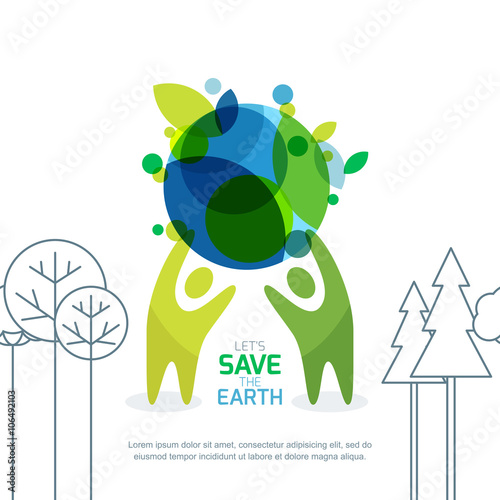 People holding green earth. Abstract background for save earth day. Environmental, ecology, nature protection concept. Banner, poster, flyer design template. 