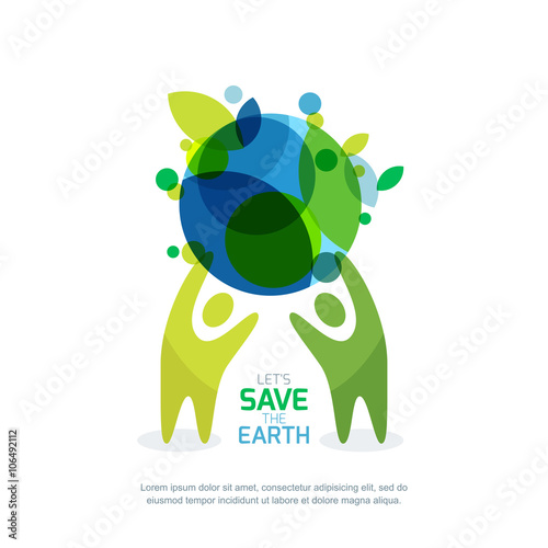 People holding green earth. Abstract illustration for save earth day. Environmental, ecology, nature protection concept.