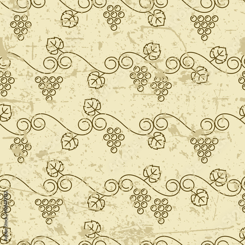 Vector old seamless pattern with climbing vine grapes. Linear autumn plants background. Design for print, package, wrapping paper or web.