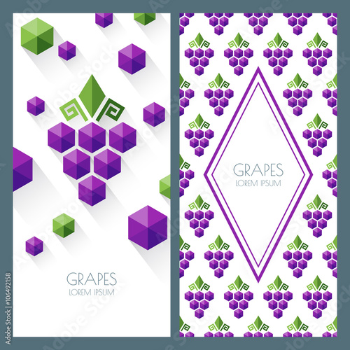 Vector seamless pattern and abstract background with grapes. Banner, flyer, label, identity design template. Concept for winery, wine list. Geometric shape grapes vine made from hexagons. 
