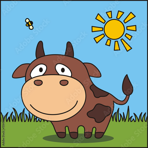 Funny bull. Vector illustration - cartoon bull on green grass. Icon bull.