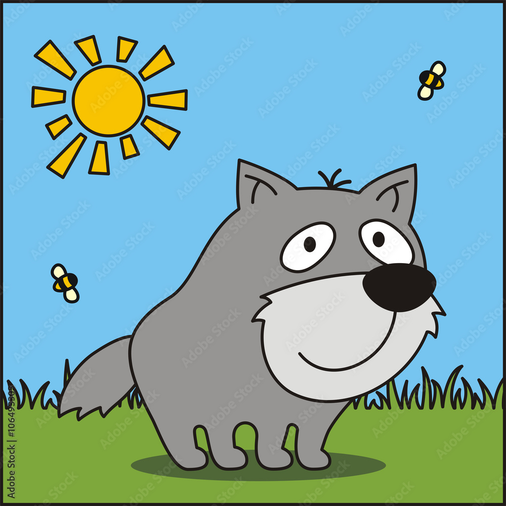Funny wolf. Vector illustration - cartoon wolf on green grass. Icon wolf. Funny wolf. Vector illustration - cartoon wolf on green grass. Icon wolf.