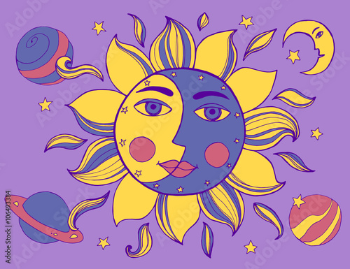 Sun and moon in one face. Alchemy vector illustration