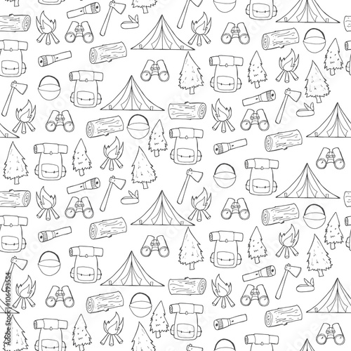 Seamless pattern with camping and hiking elements