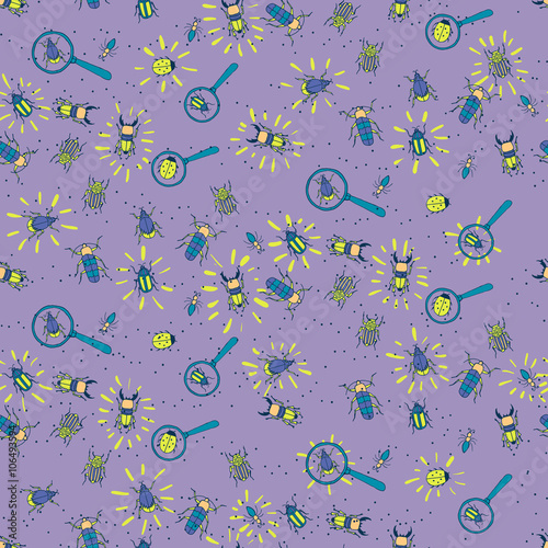 Seamless patterns with bugs and loupes. Little explorer.