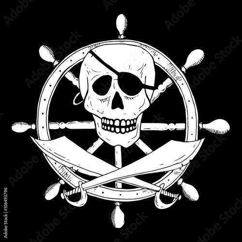 Pirate sign with skull and sabers with a helm on background