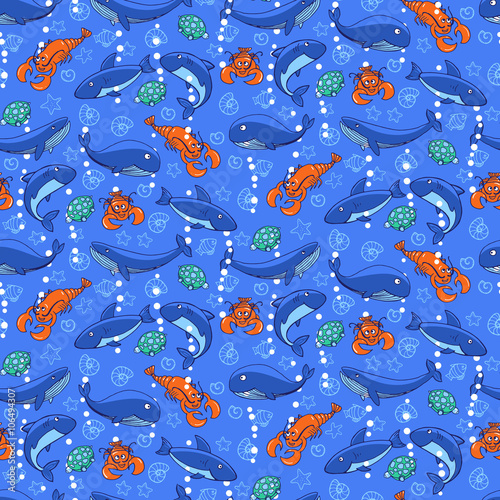 Seamless pattern with underwater life with sharks and whales