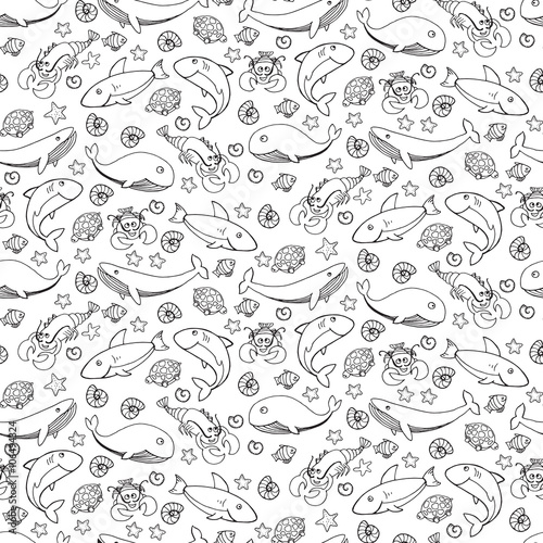 Seamless pattern with underwater life with sharks and whales