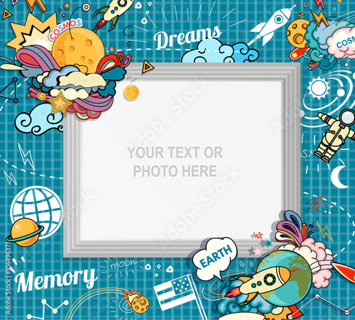 Vector template photo frame or card for your picture. Insert your picture or text. Scrapbook concept. Design photo frame. Decorative template for baby, family or memories. Vector illustration.