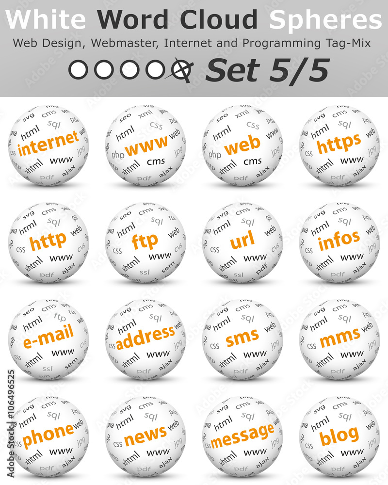 Set 5/5 - Weisse 3D Vektor Kugeln mit Webmaster und Webdesign Begriffen und Abkürzungen. Computer und Internet TagClouds, WordClouds - Wortwolke und Schlagwortwolke. Key-Wörter Tags auf weißer Kugel.