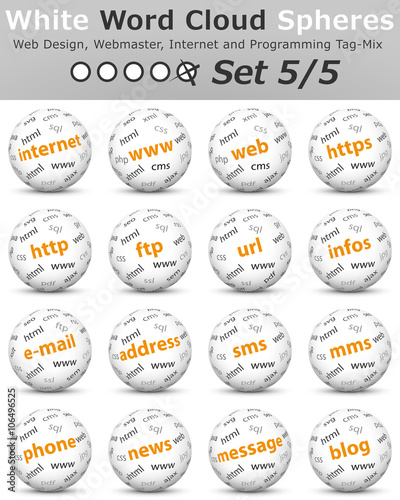 Set 5/5 - Weisse 3D Vektor Kugeln mit Webmaster und Webdesign Begriffen und Abkürzungen. Computer und Internet TagClouds, WordClouds - Wortwolke und Schlagwortwolke. Key-Wörter Tags auf weißer Kugel.