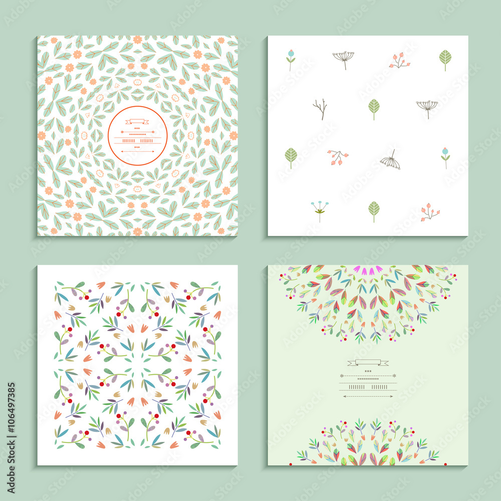 Patterns with floral elements. Set of four cards. Vector 
