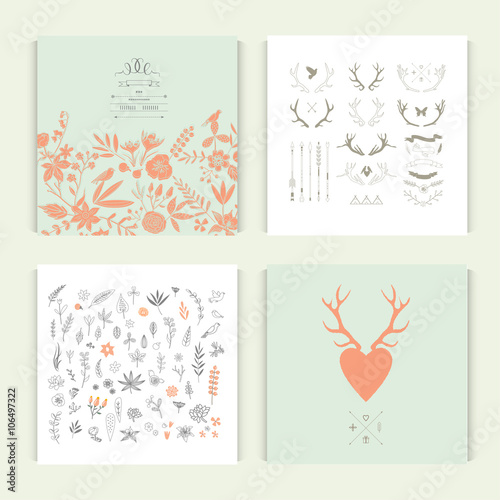 Patterns with antlers and floral elements. Set of four cards.