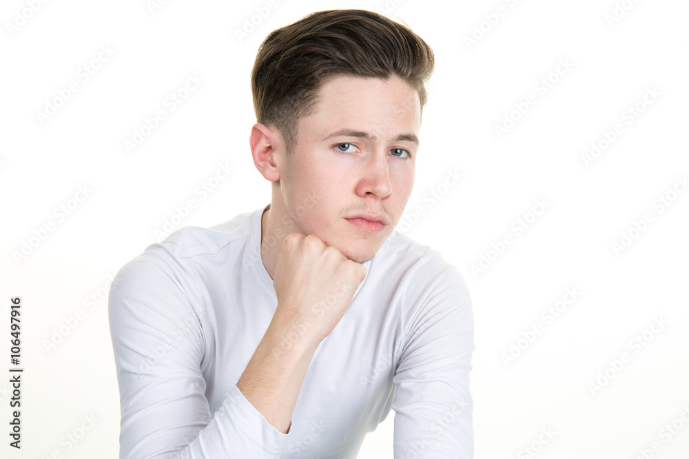 Closeup portrait of charming upbeat smiling joyful happy young man looking upwards with hands on chin daydreaming, isolated on white background copy space. Positive human emotions facial expressions Closeup portrait of charming upbeat smiling joyful happy young man looking upwards with hands on chin daydreaming, isolated on white background copy space. Positive human emotions facial expressions